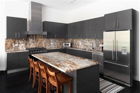 quartz countertop with brown veining.